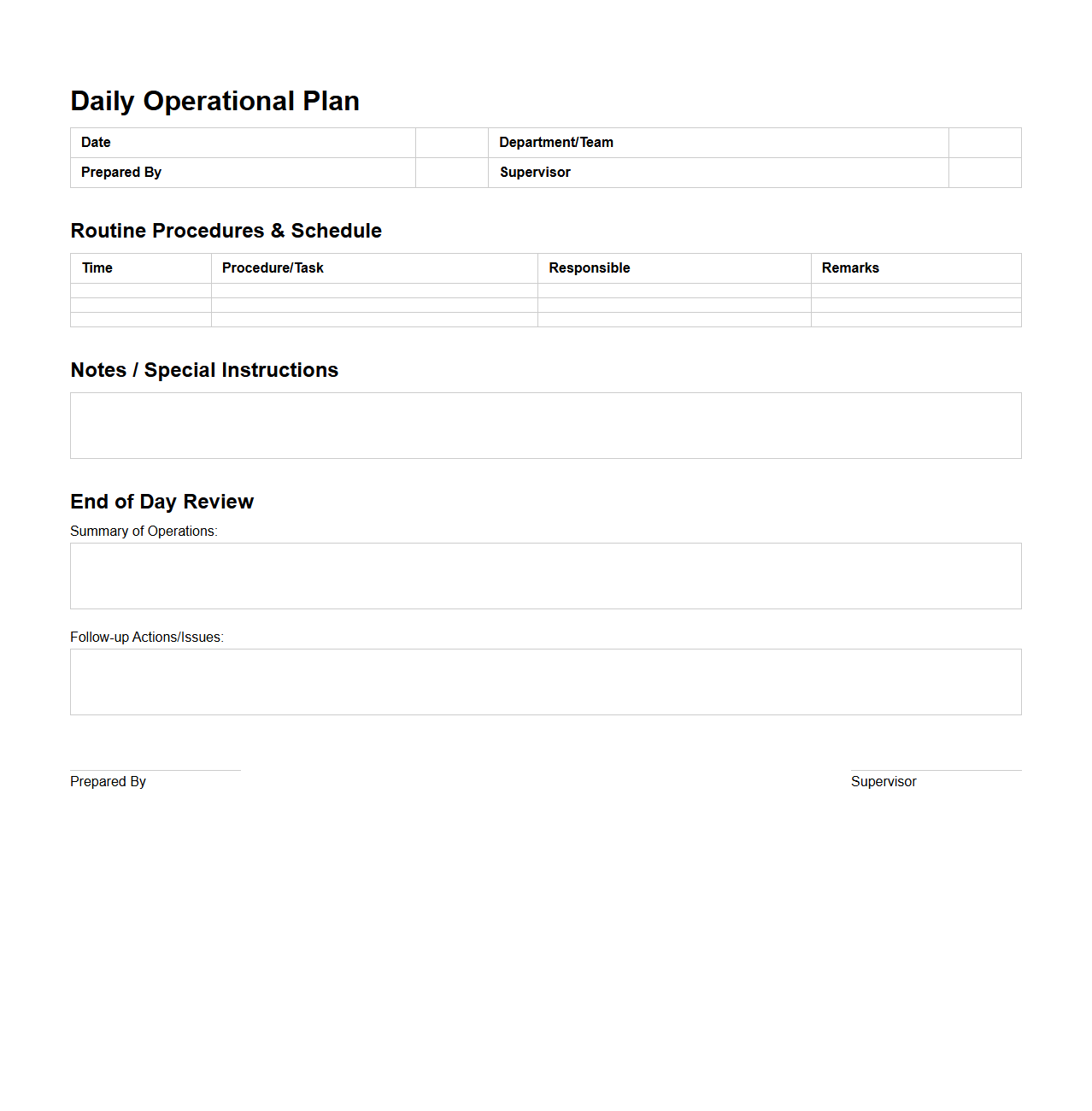 Daily Operational Plan Template for Routine Procedures