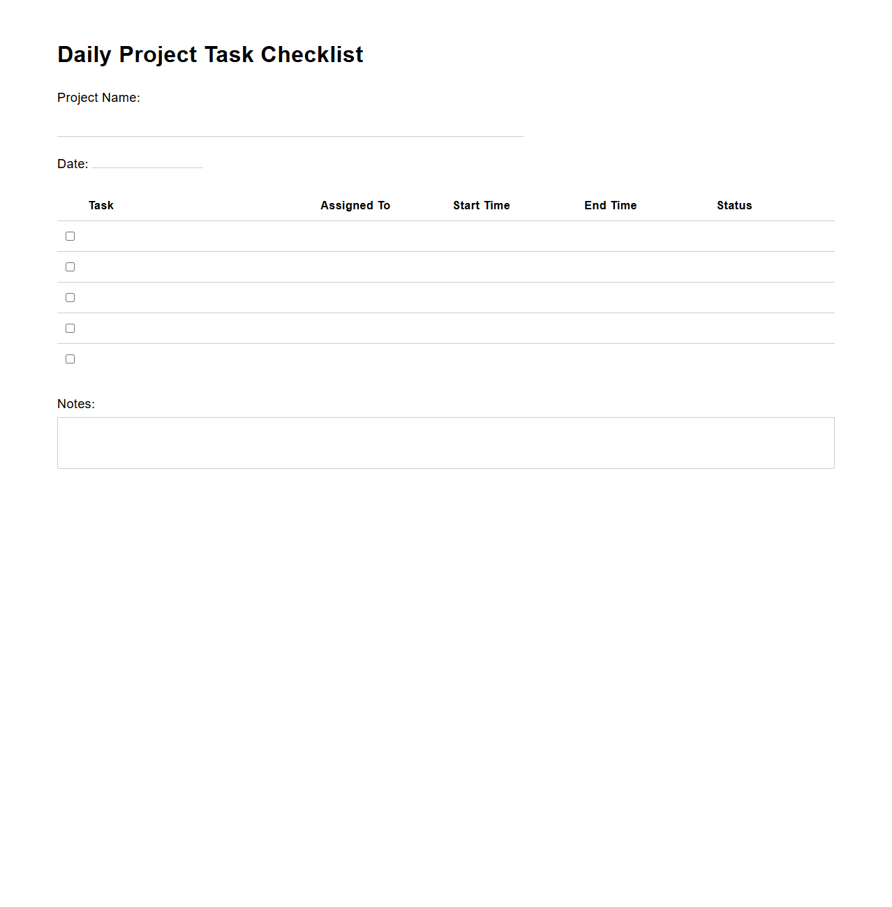 Daily Project Task Checklist Template