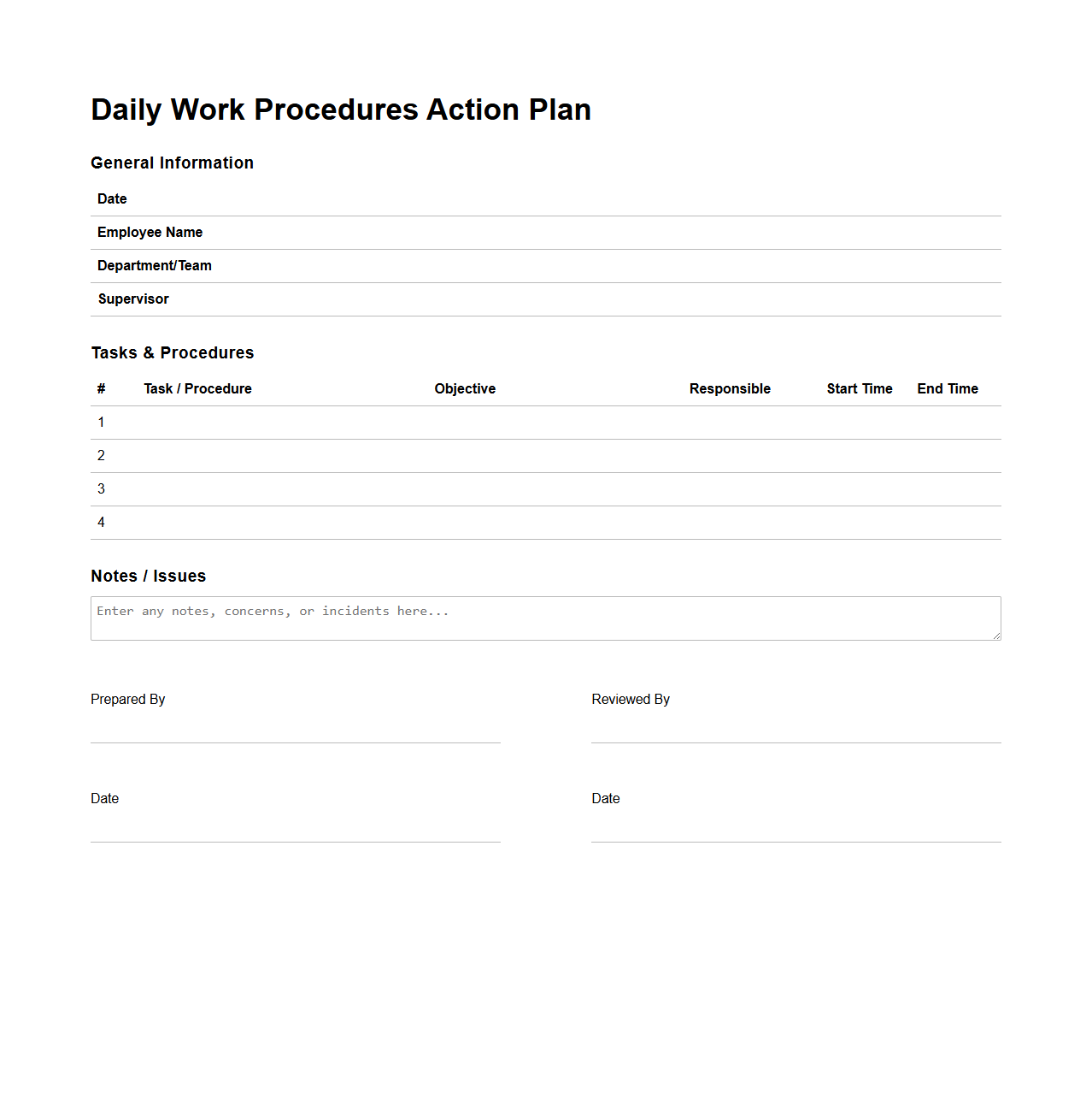 Daily Work Procedures Action Plan Template