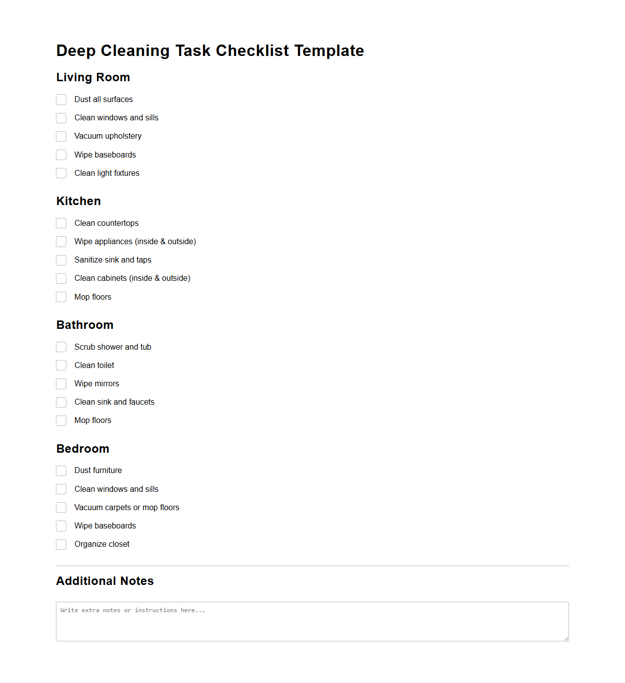 Deep Cleaning Task Checklist Template