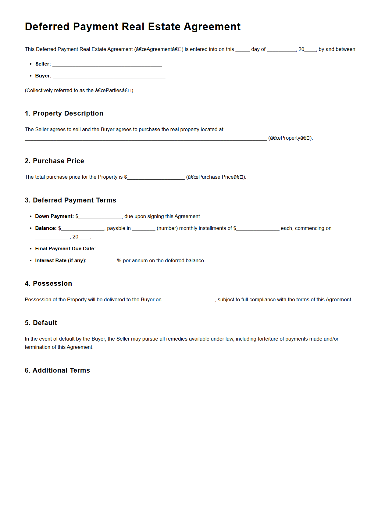 Deferred Payment Real Estate Agreement