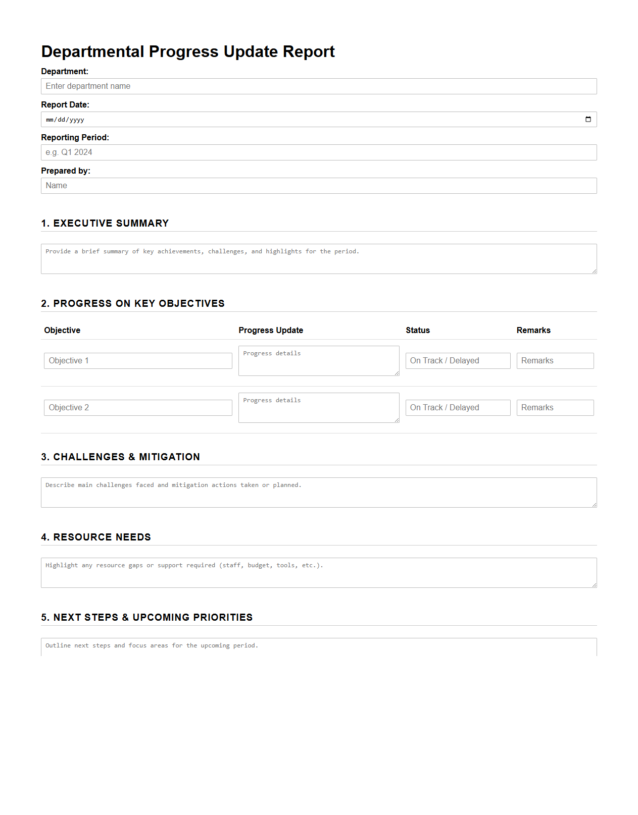 Departmental Progress Update Report Template
