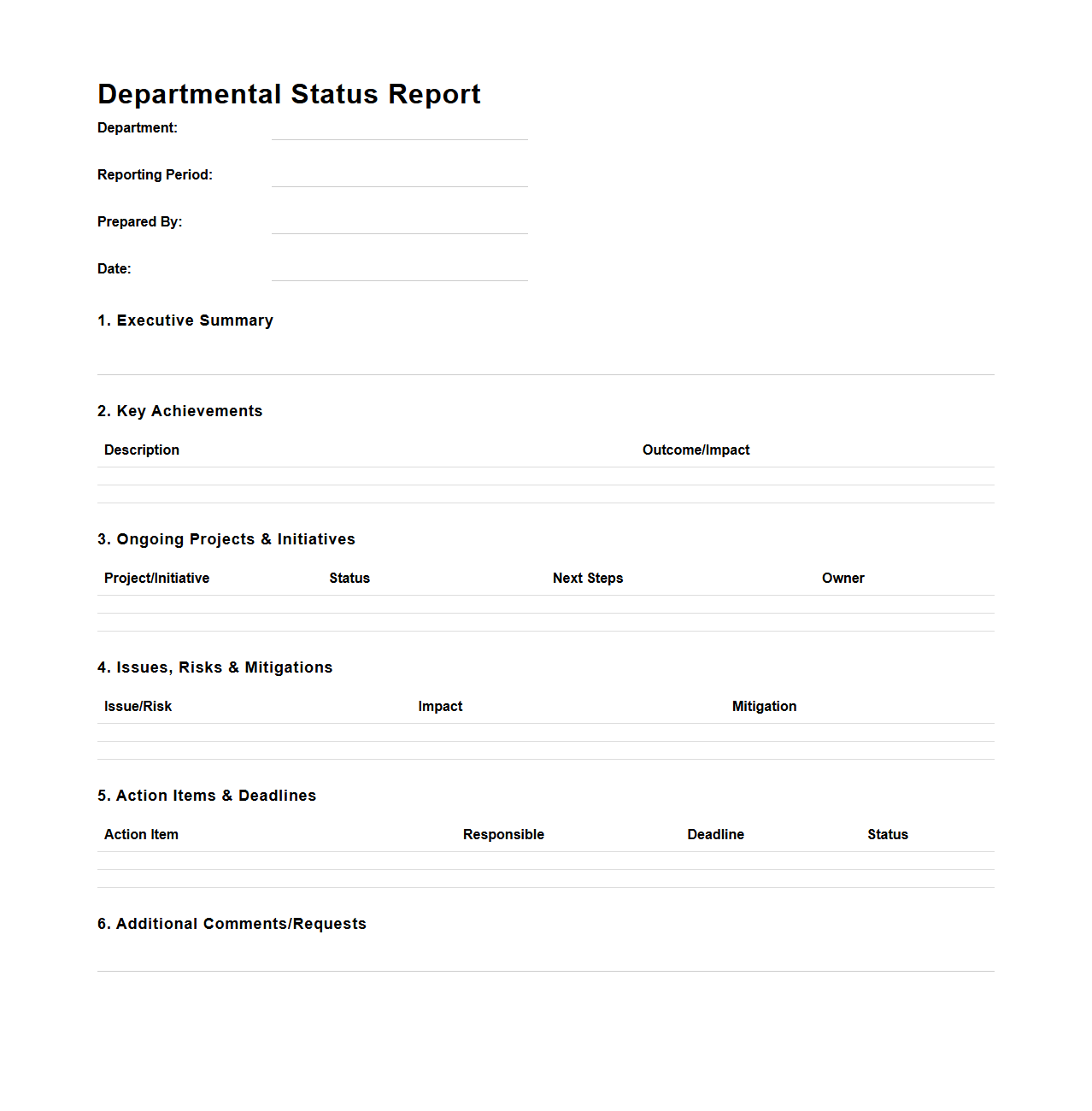 Departmental Status Reporting Template for Management
