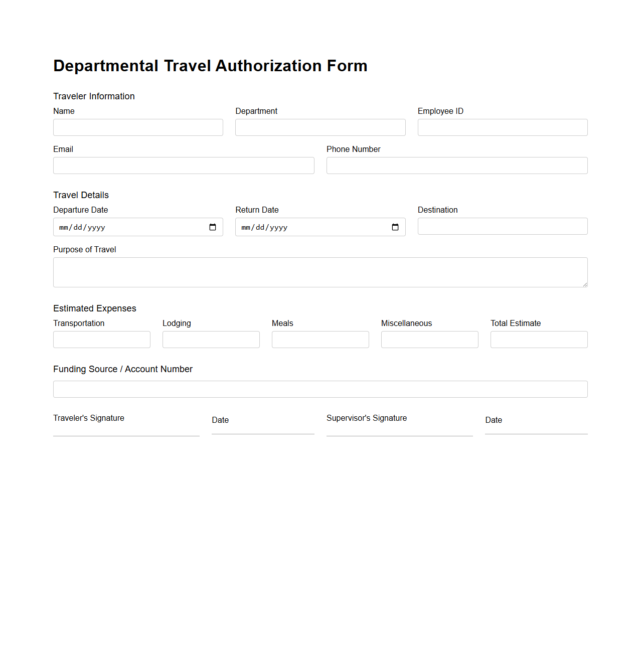 Departmental Travel Authorization Form