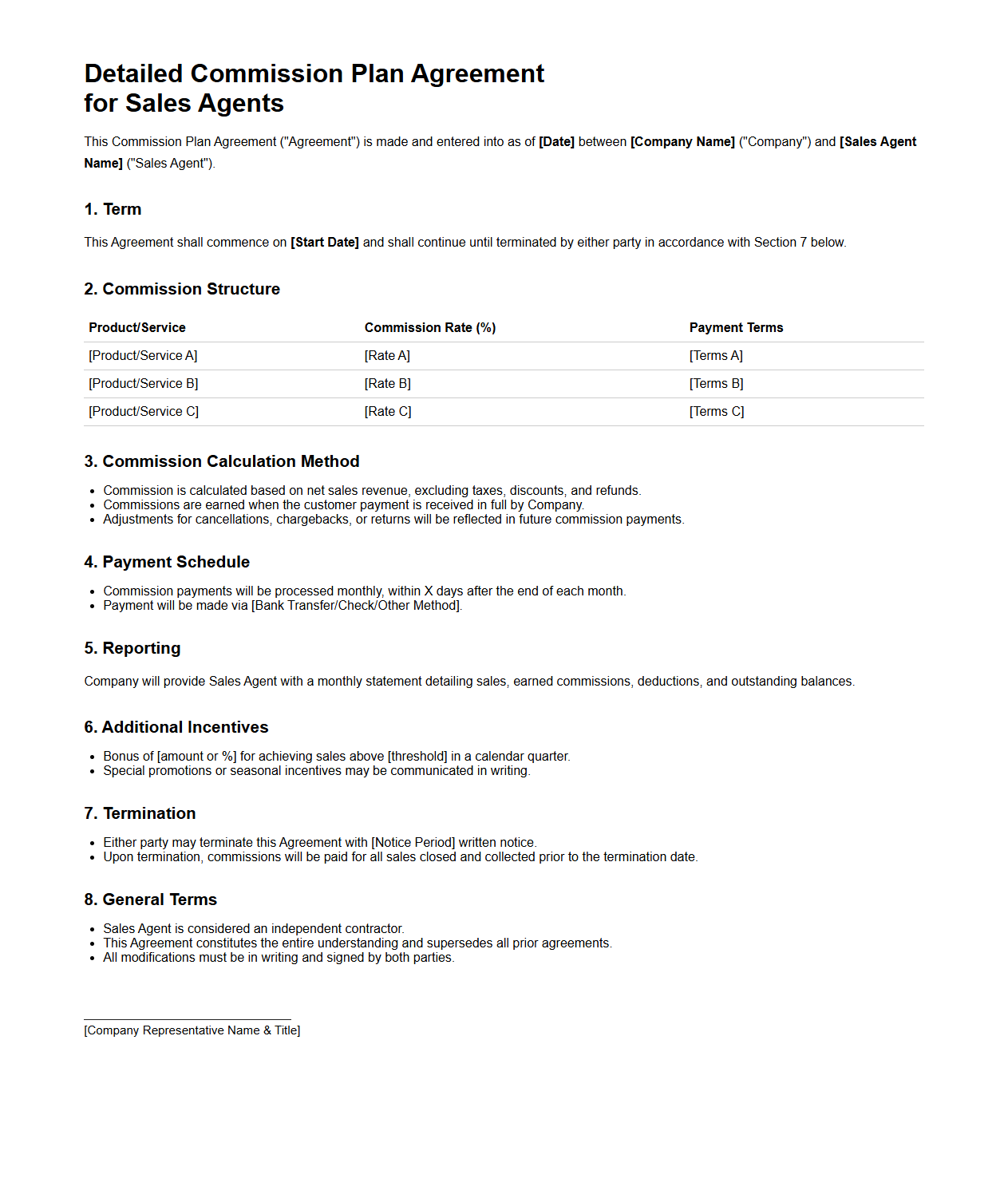 Detailed Commission Plan Agreement for Sales Agents