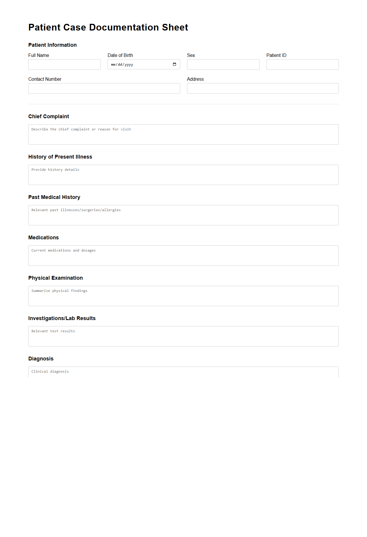 Detailed Patient Case Documentation Sheet