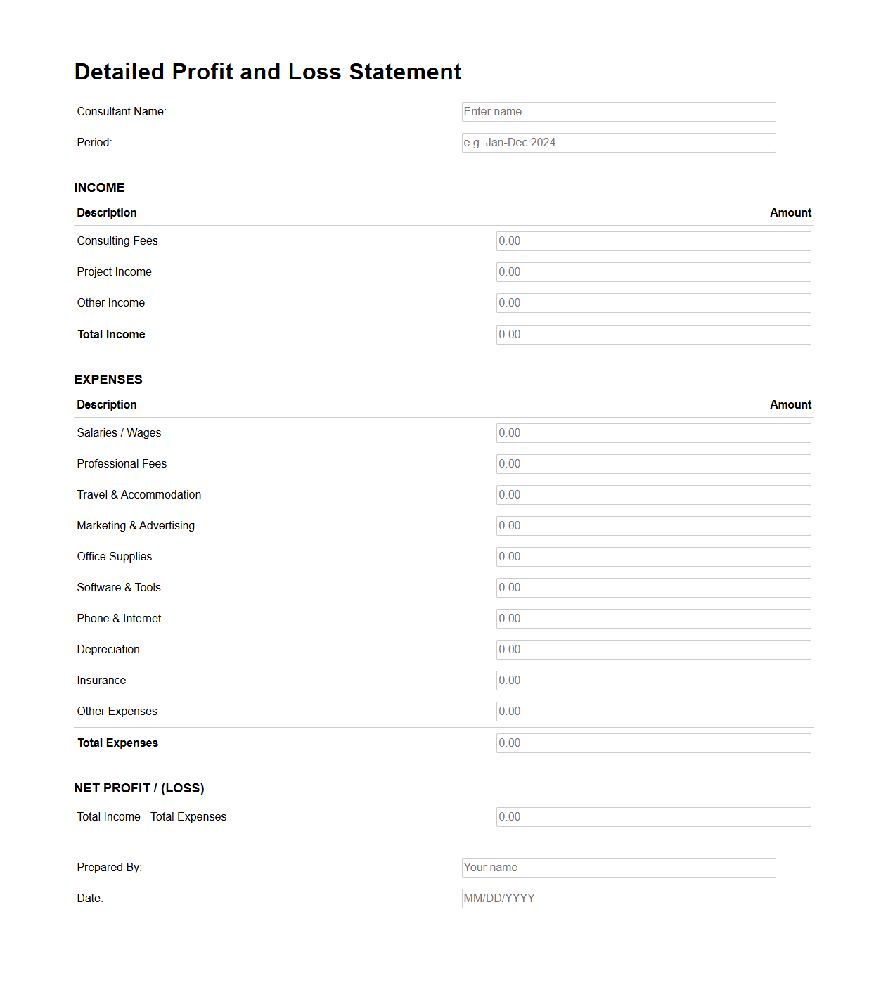 Detailed Profit and Loss Statement Template for Consultants