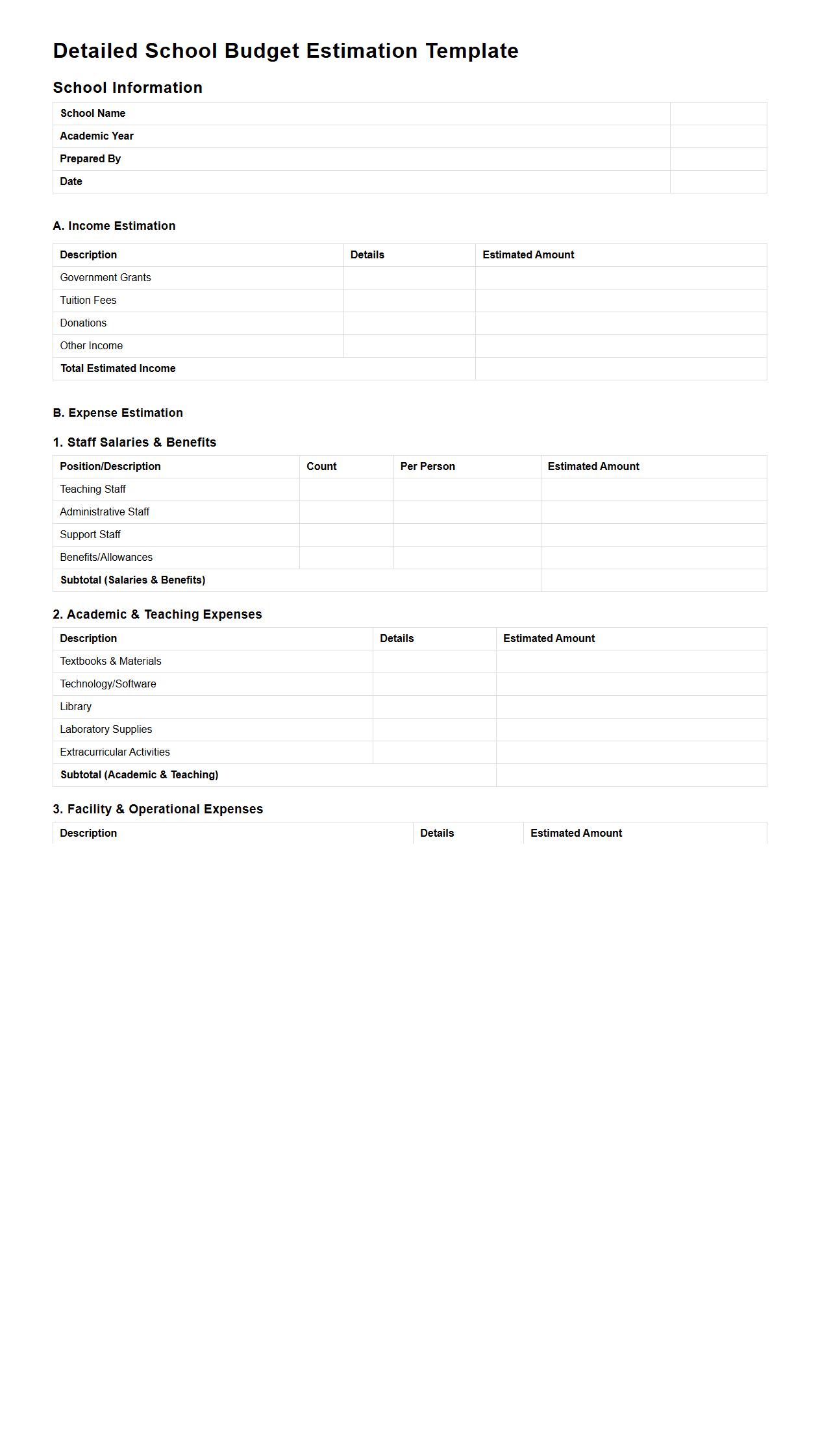 Detailed School Budget Estimation Template