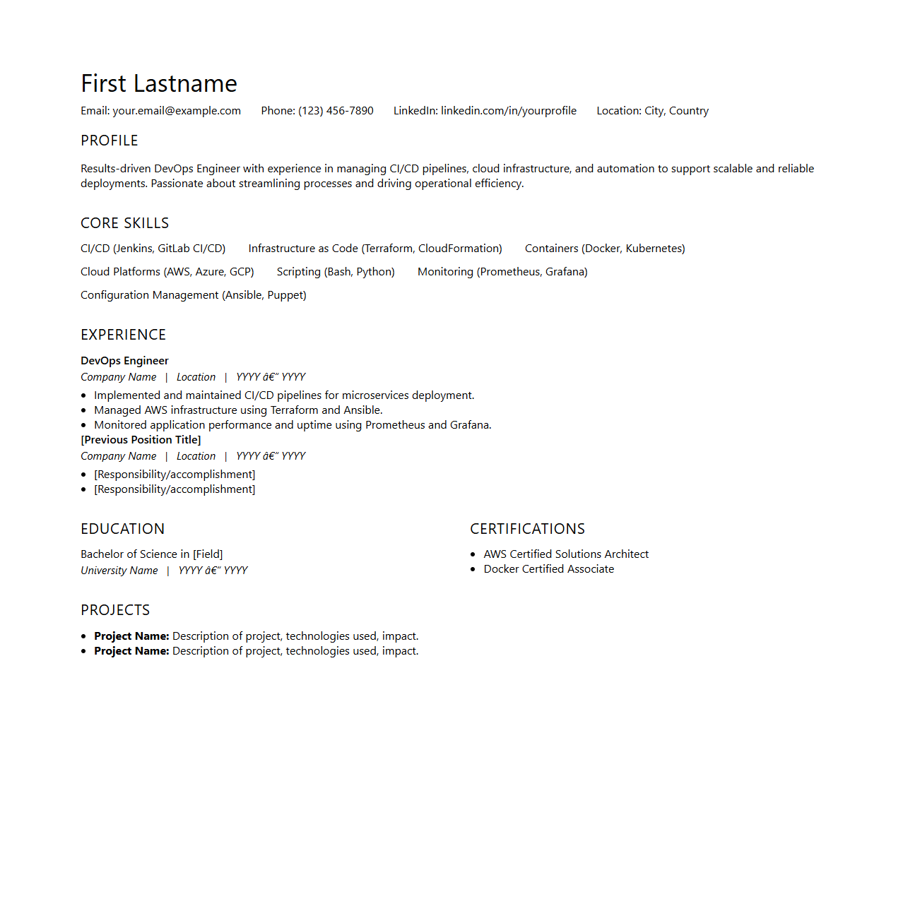 DevOps Engineer Blank Resume Template
