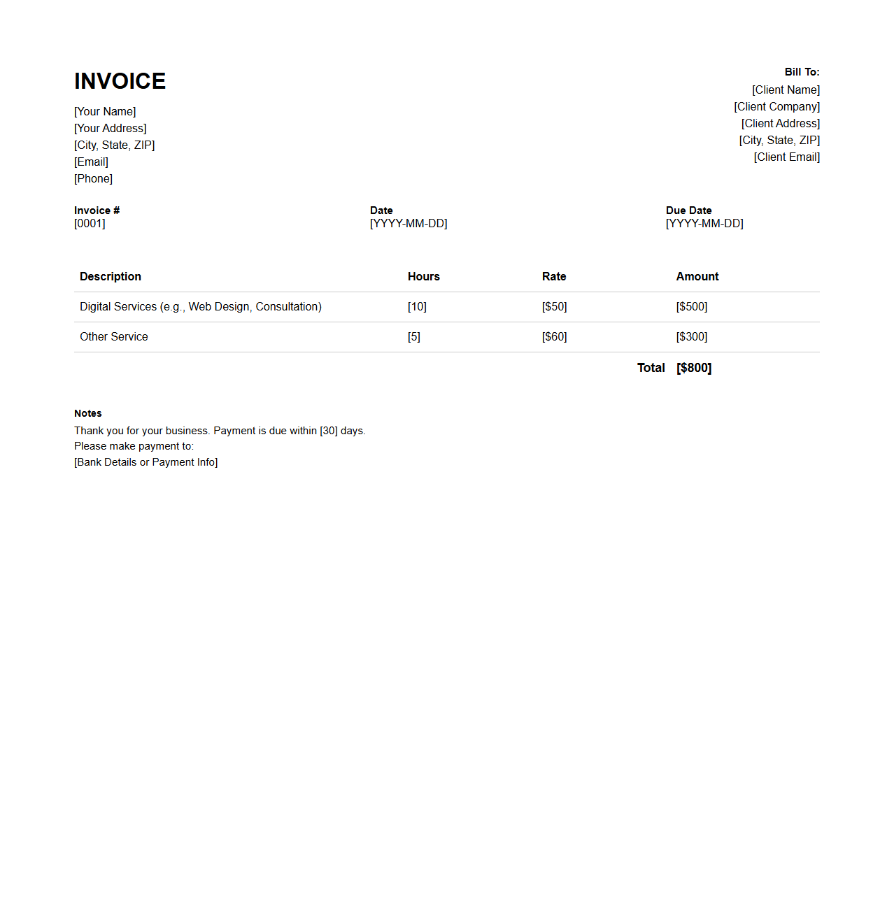 Digital Services Freelancer Invoice