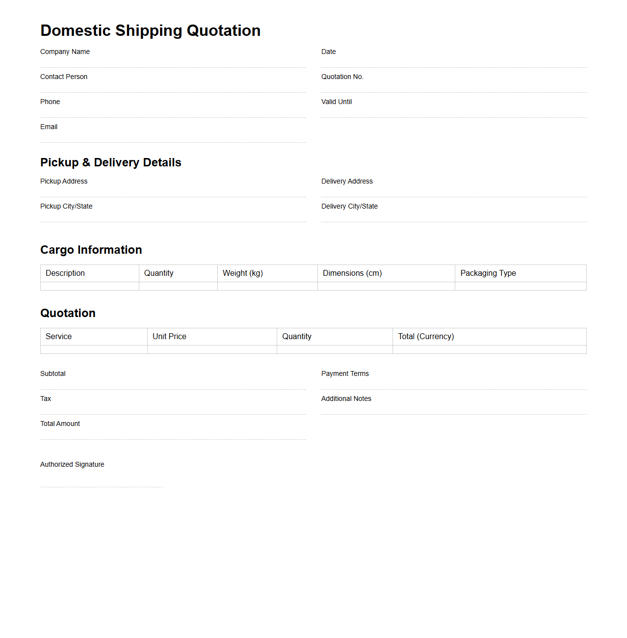 Domestic Shipping Quotation Template