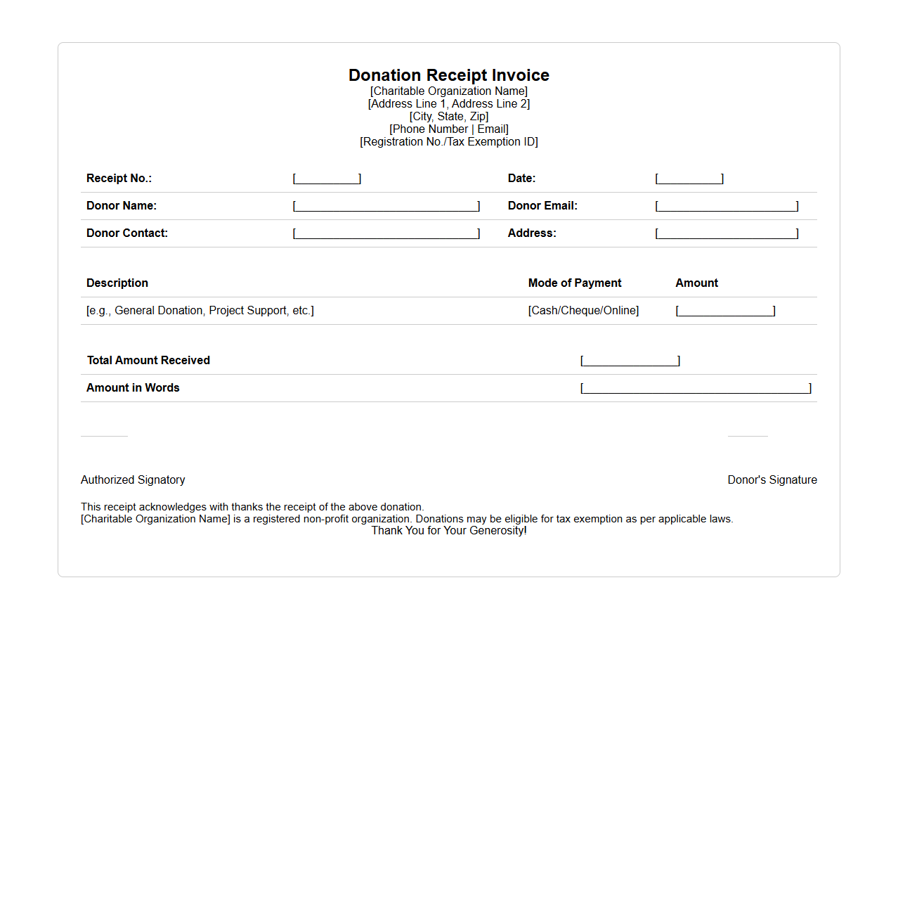 Donation Receipt Invoice Format for Charitable Organizations