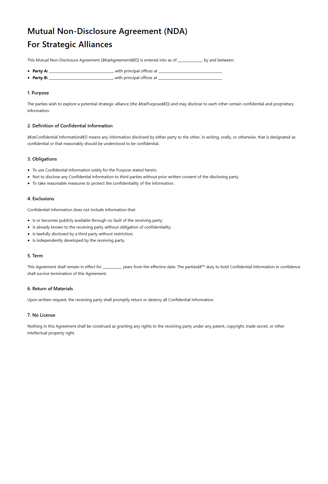 Dual Party NDA Template for Strategic Alliances