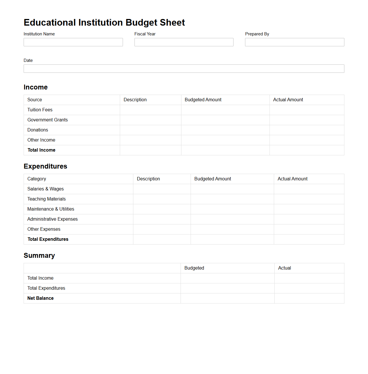 Educational Institution Budget Sheet