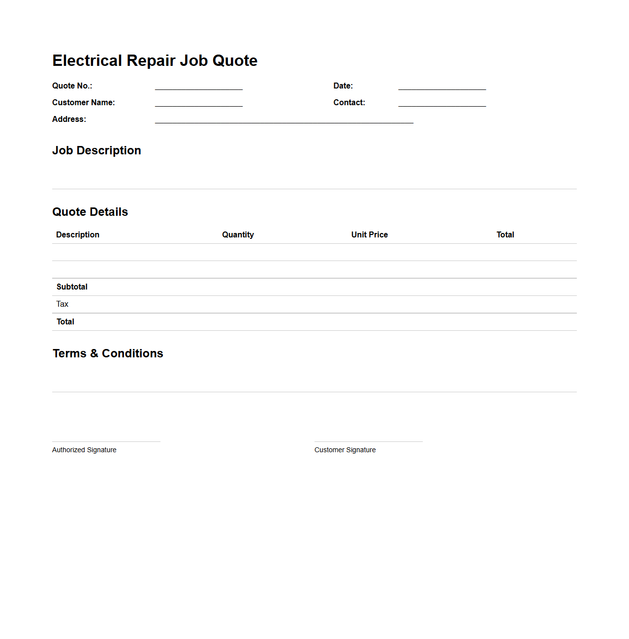 Electrical Repair Job Quote Format