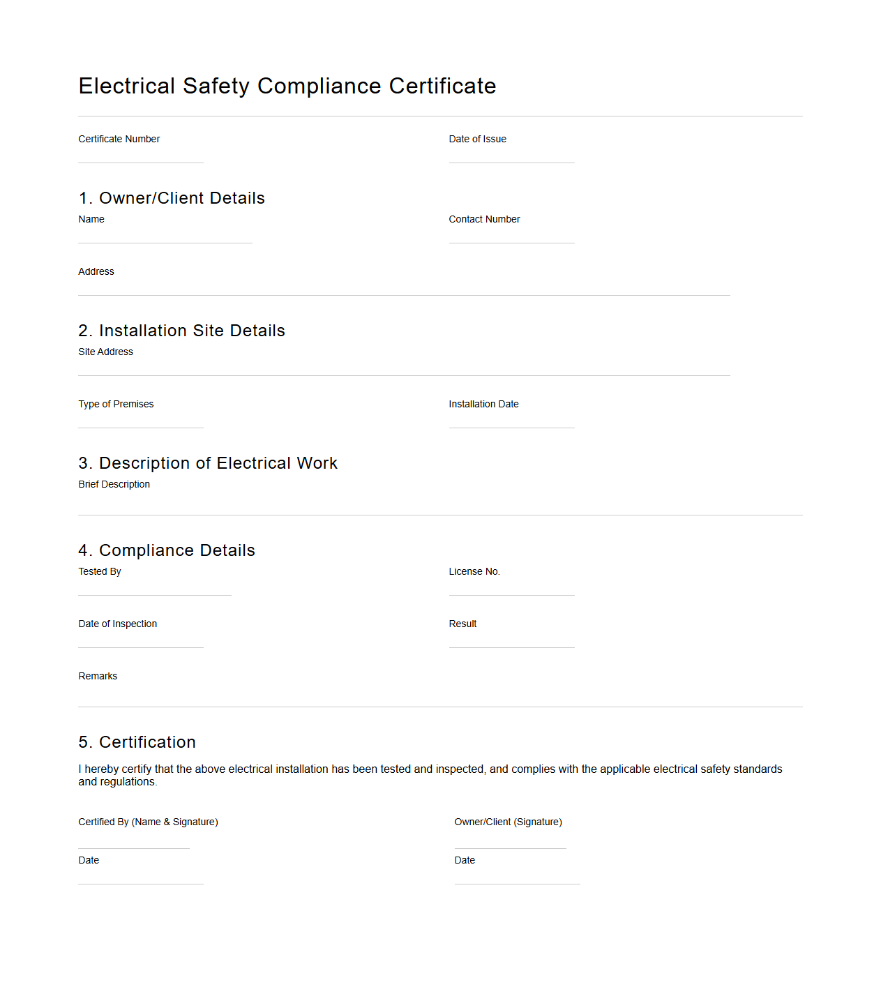 Electrical Safety Compliance Certificate Template Blank