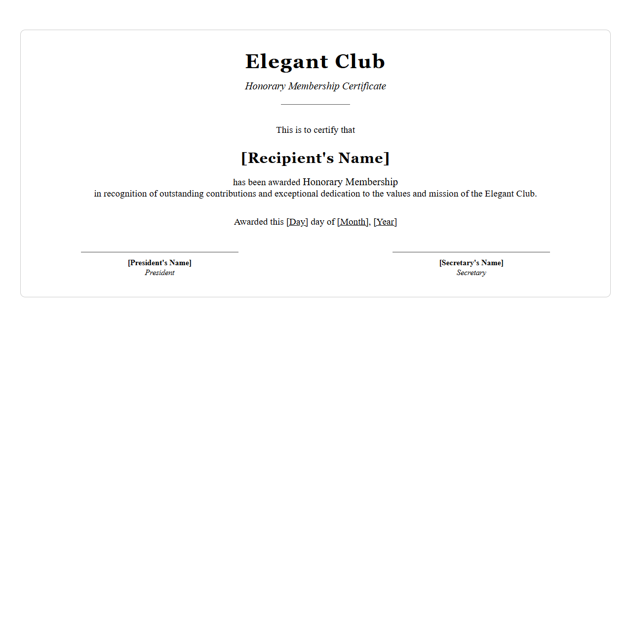 Elegant Club Honorary Membership Certificate