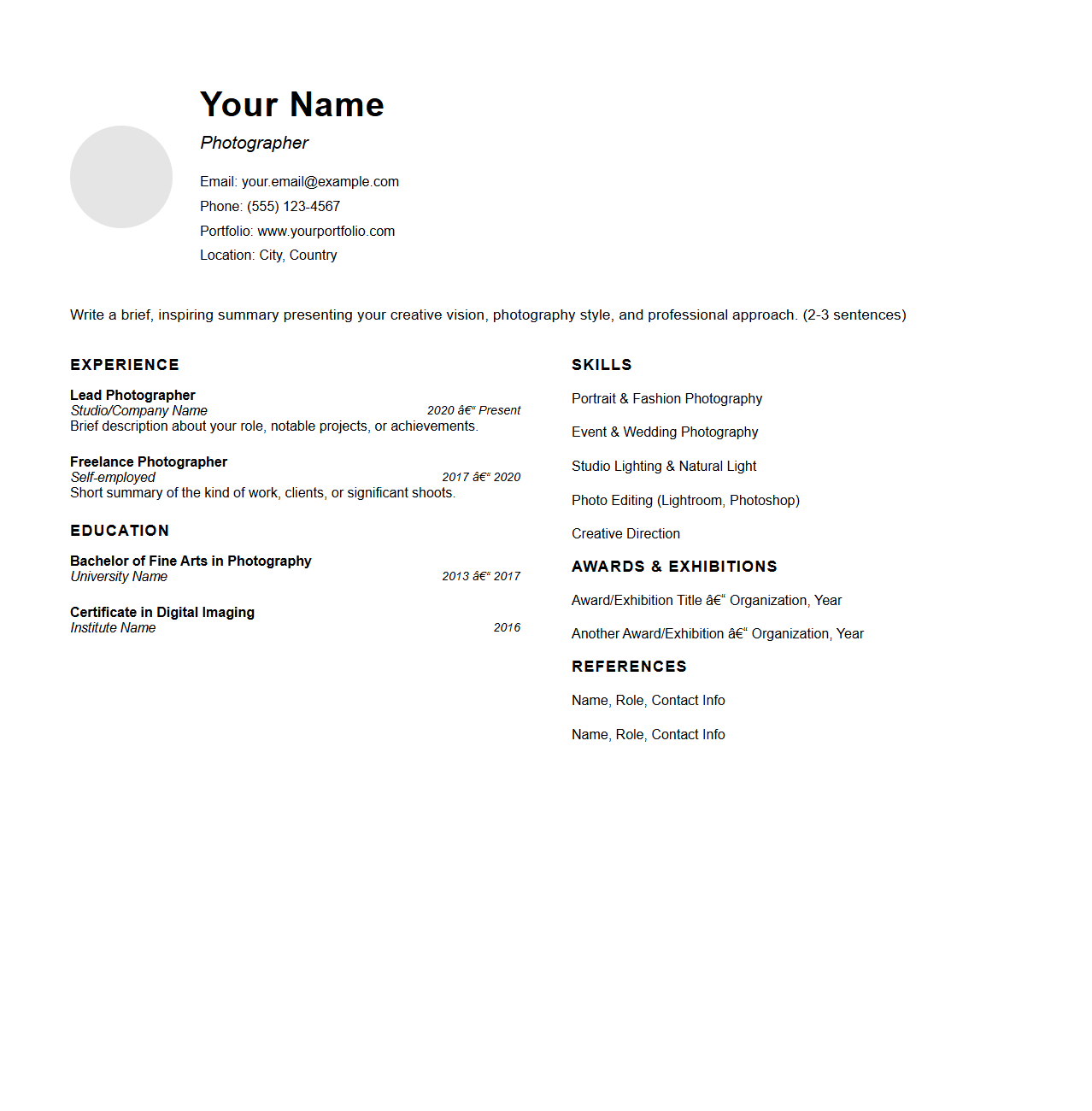 Elegant Creative Resume Framework for Photographers