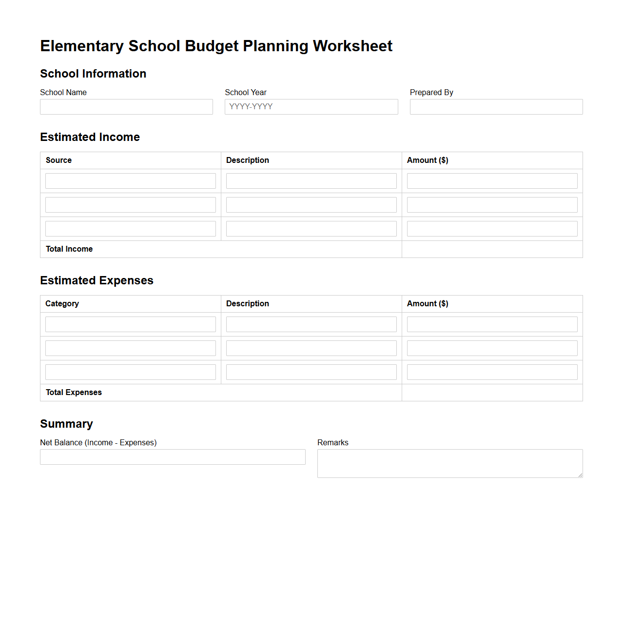 Elementary School Budget Planning Worksheet