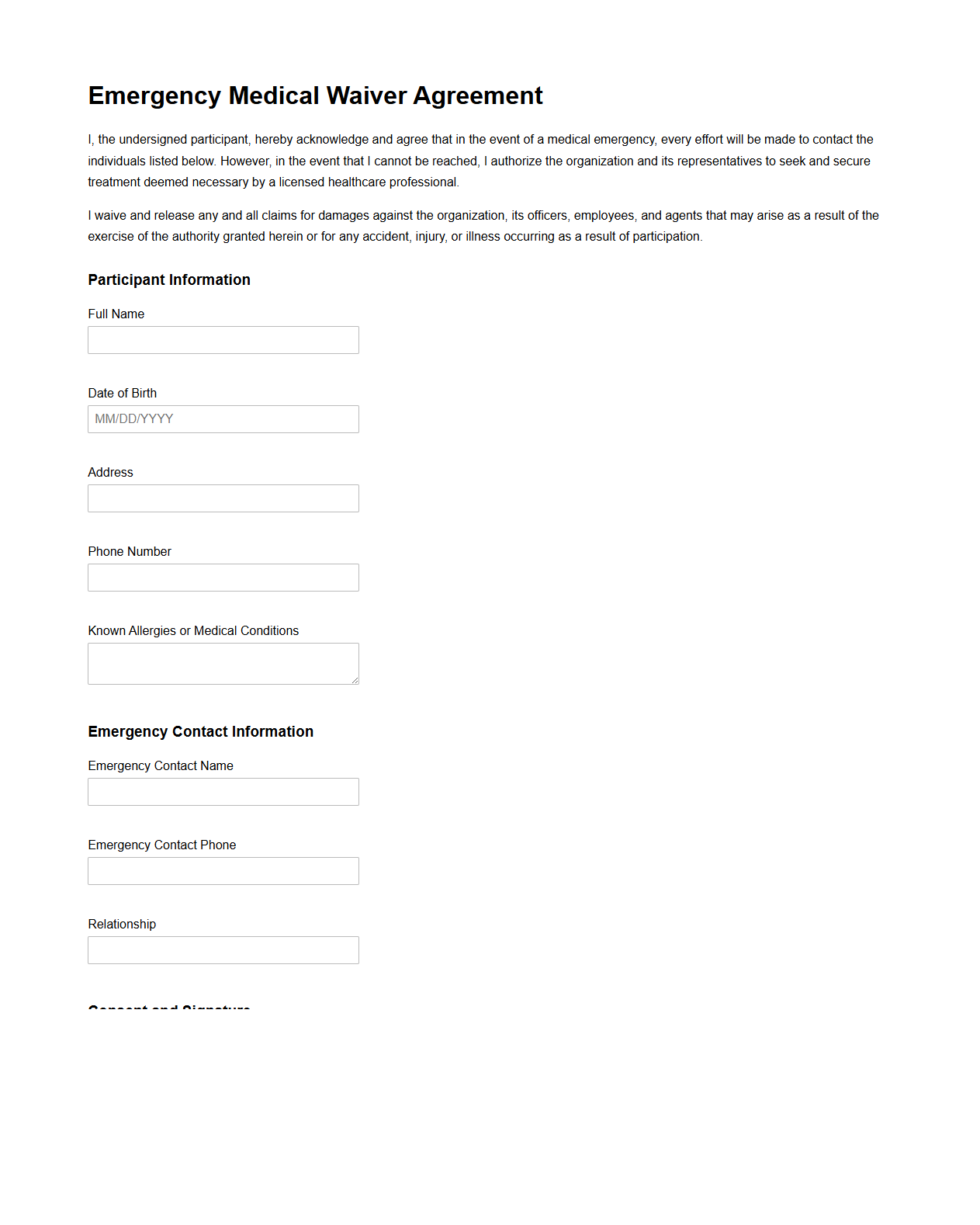 Emergency Medical Waiver Agreement