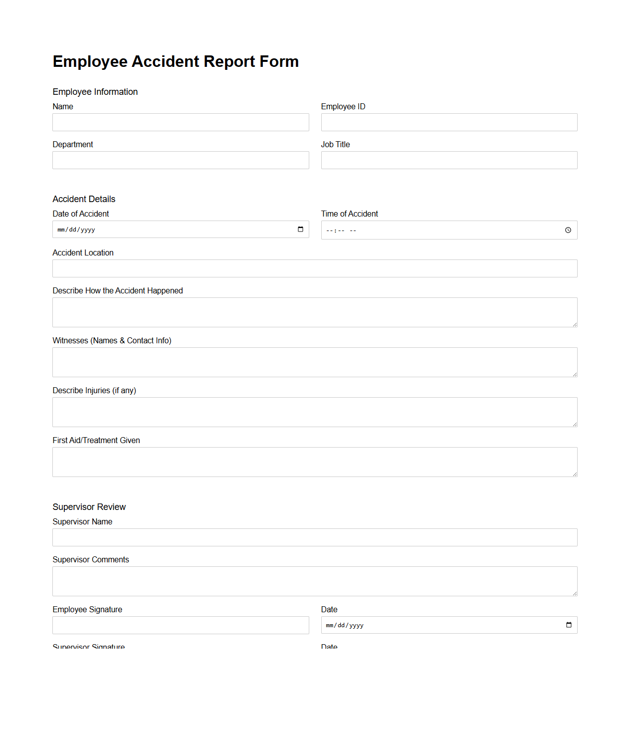 Employee Accident Report Form Example