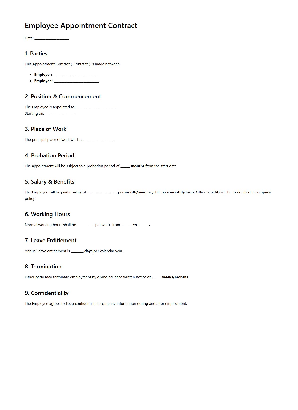 Employee Appointment Contract Document for New Starters
