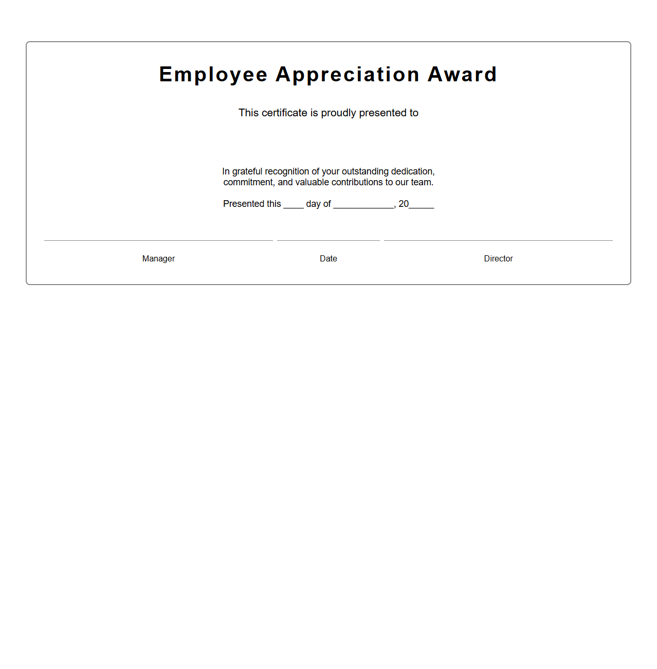Employee Appreciation Award Certificate Sheet