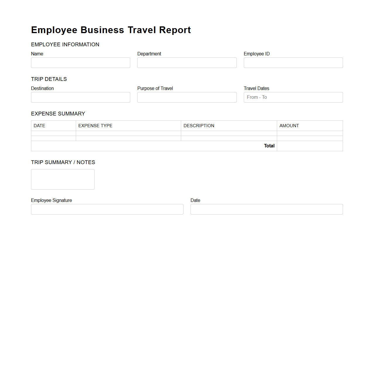 Employee Business Travel Report Layout
