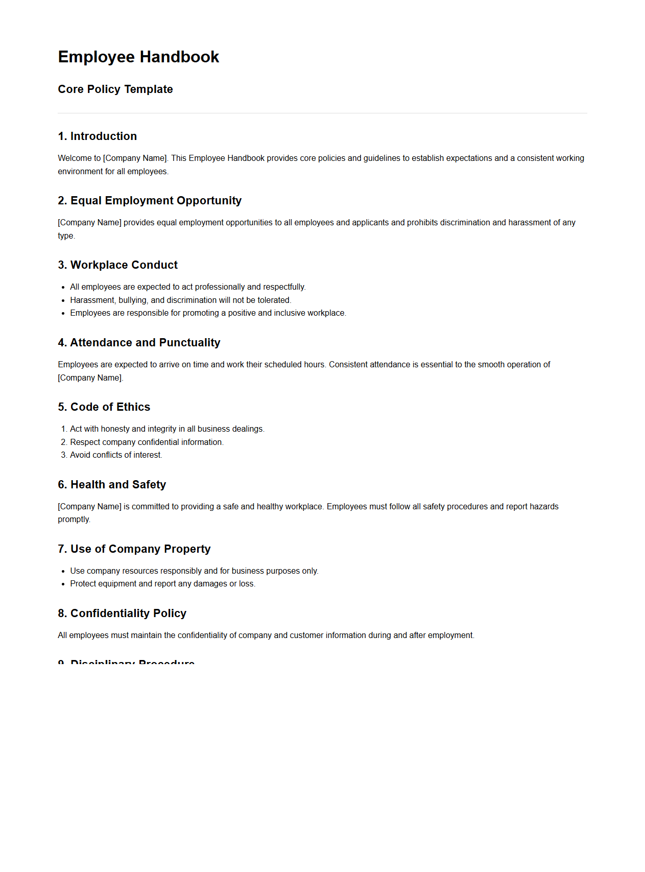 Employee Handbook Core Policy Template