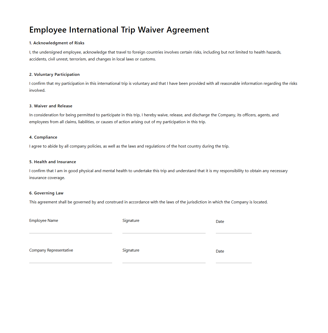 Employee International Trip Waiver Agreement