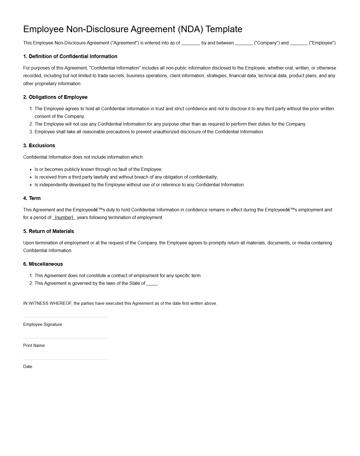 Employee Non-Disclosure Agreement Template