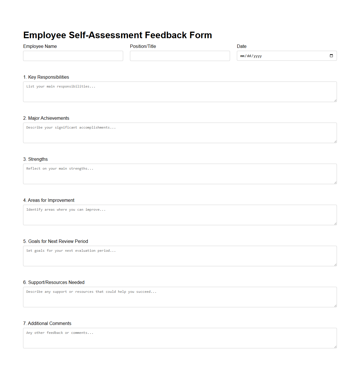 Employee Self-Assessment Blank Feedback Form