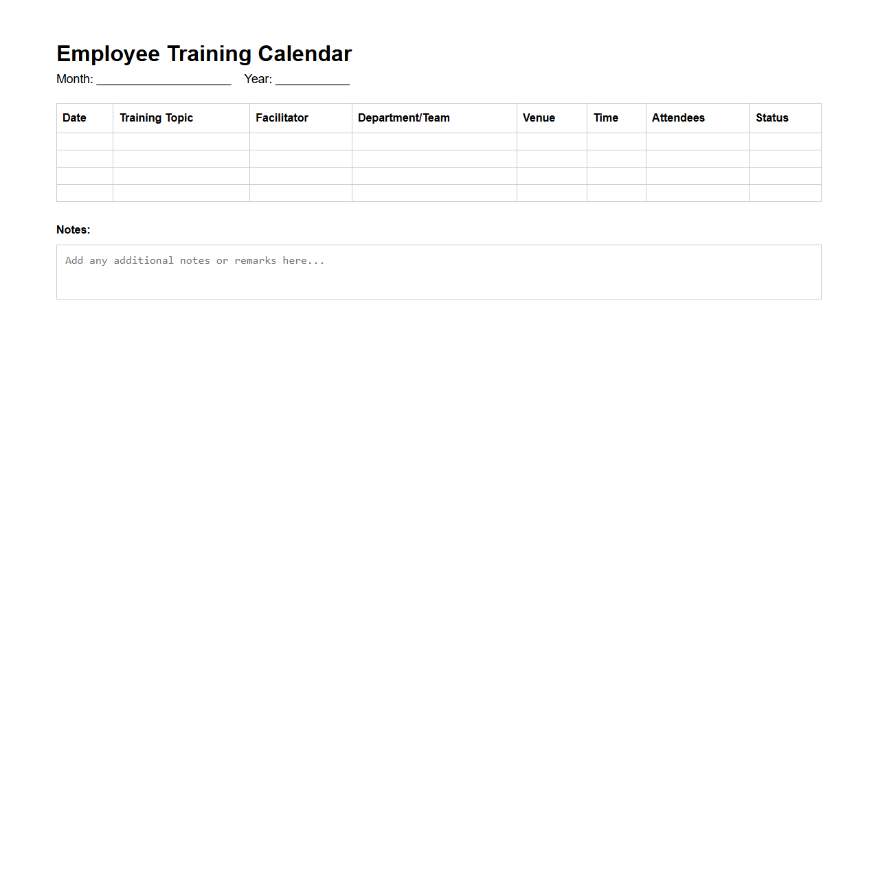 Employee Training Calendar Template