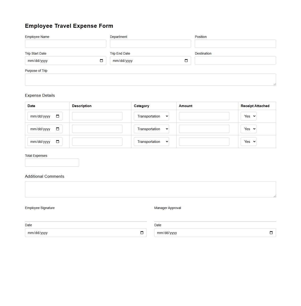 Employee Travel Expense Form Template