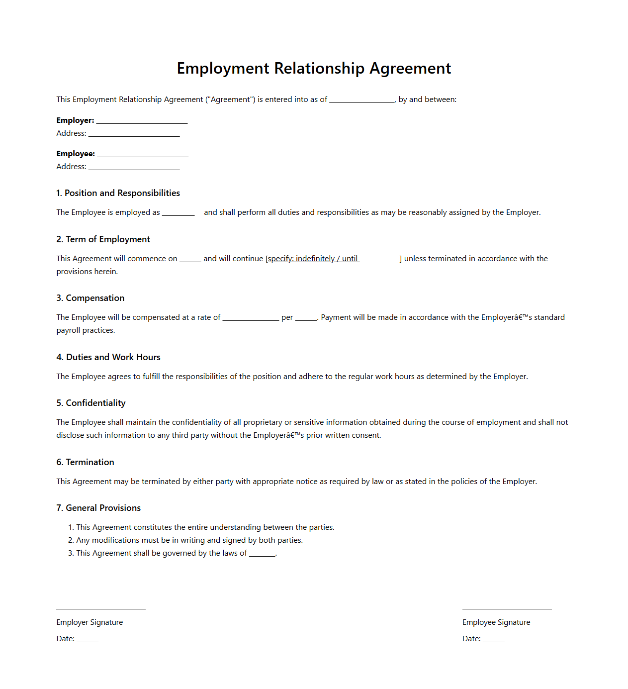 Employment Relationship Agreement Format