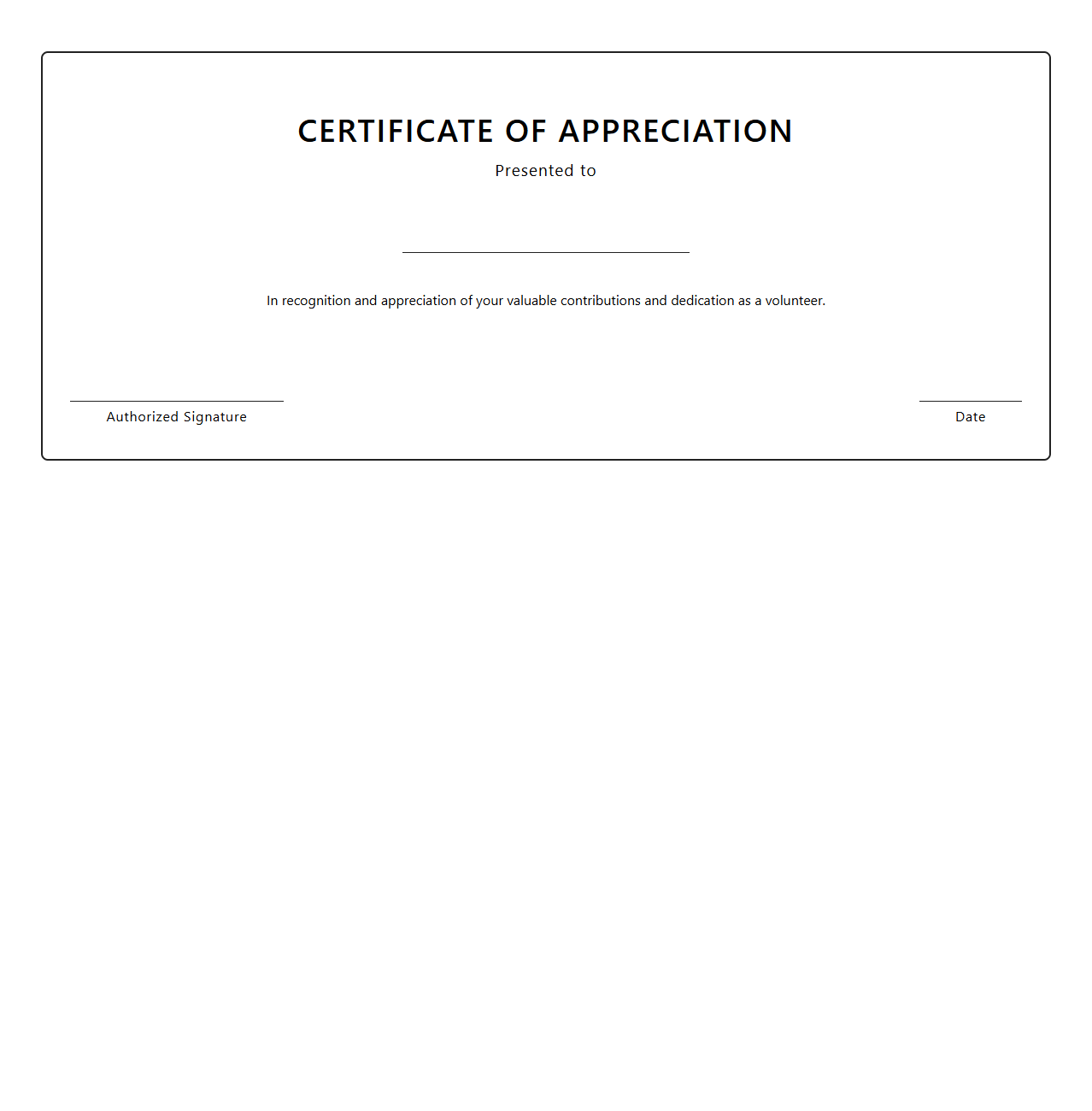 Empty Certificate of Appreciation for Volunteers