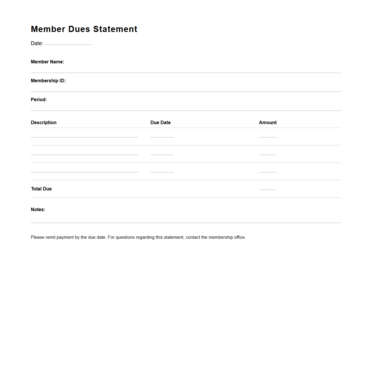 Empty Member Dues Statement Format