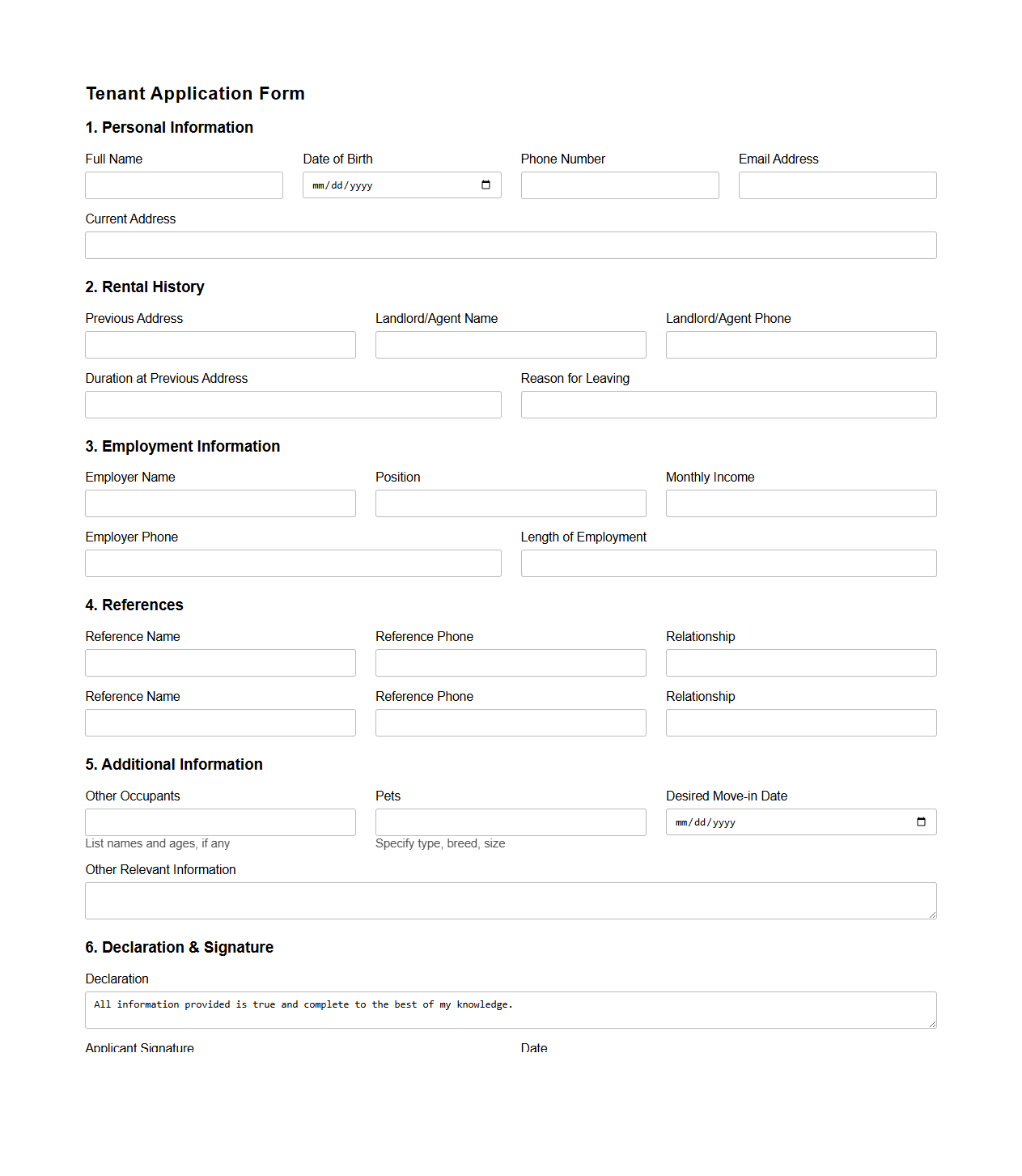 Empty Tenant Application Form for Landlords