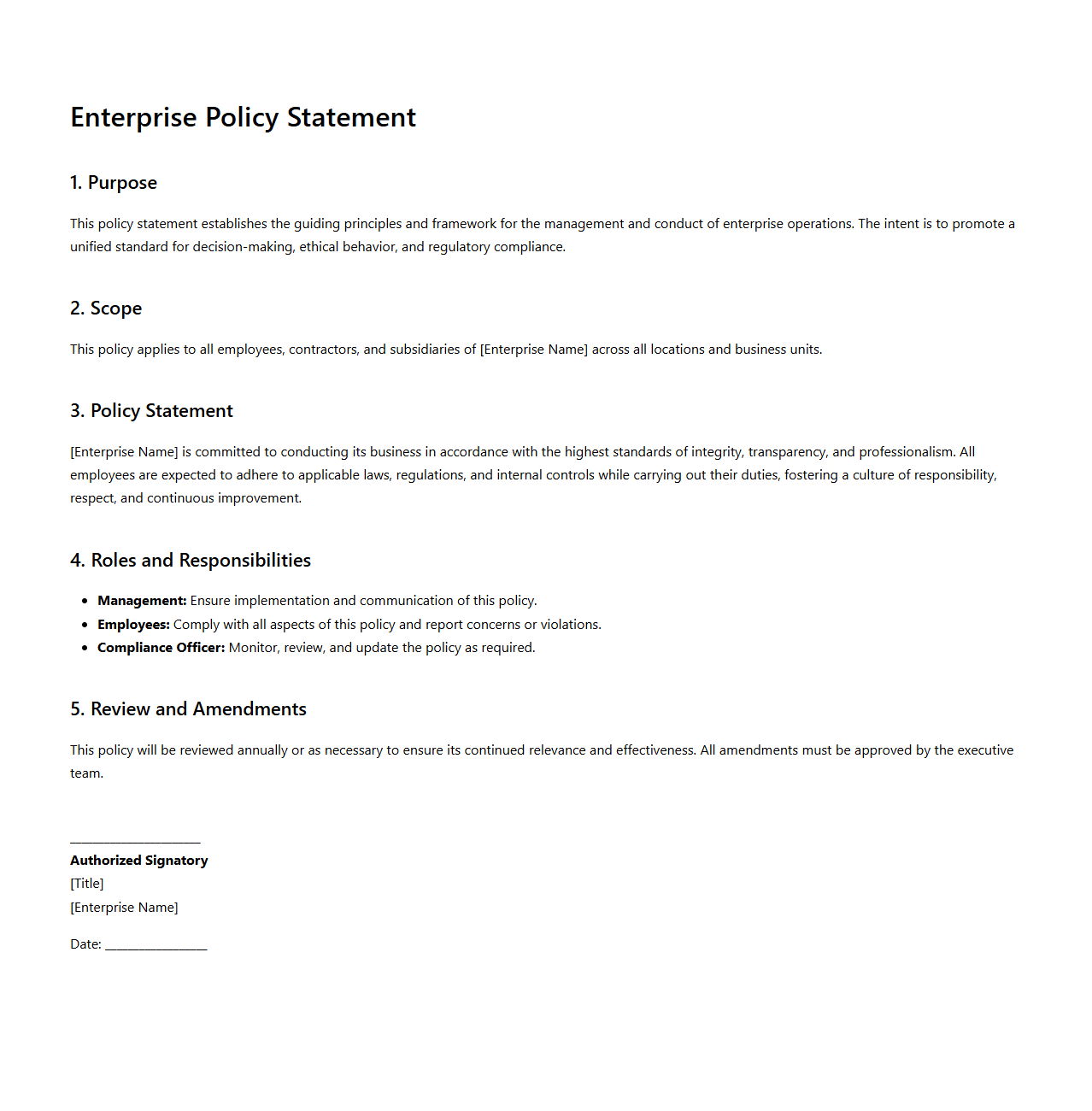 Enterprise Policy Statement Model Document