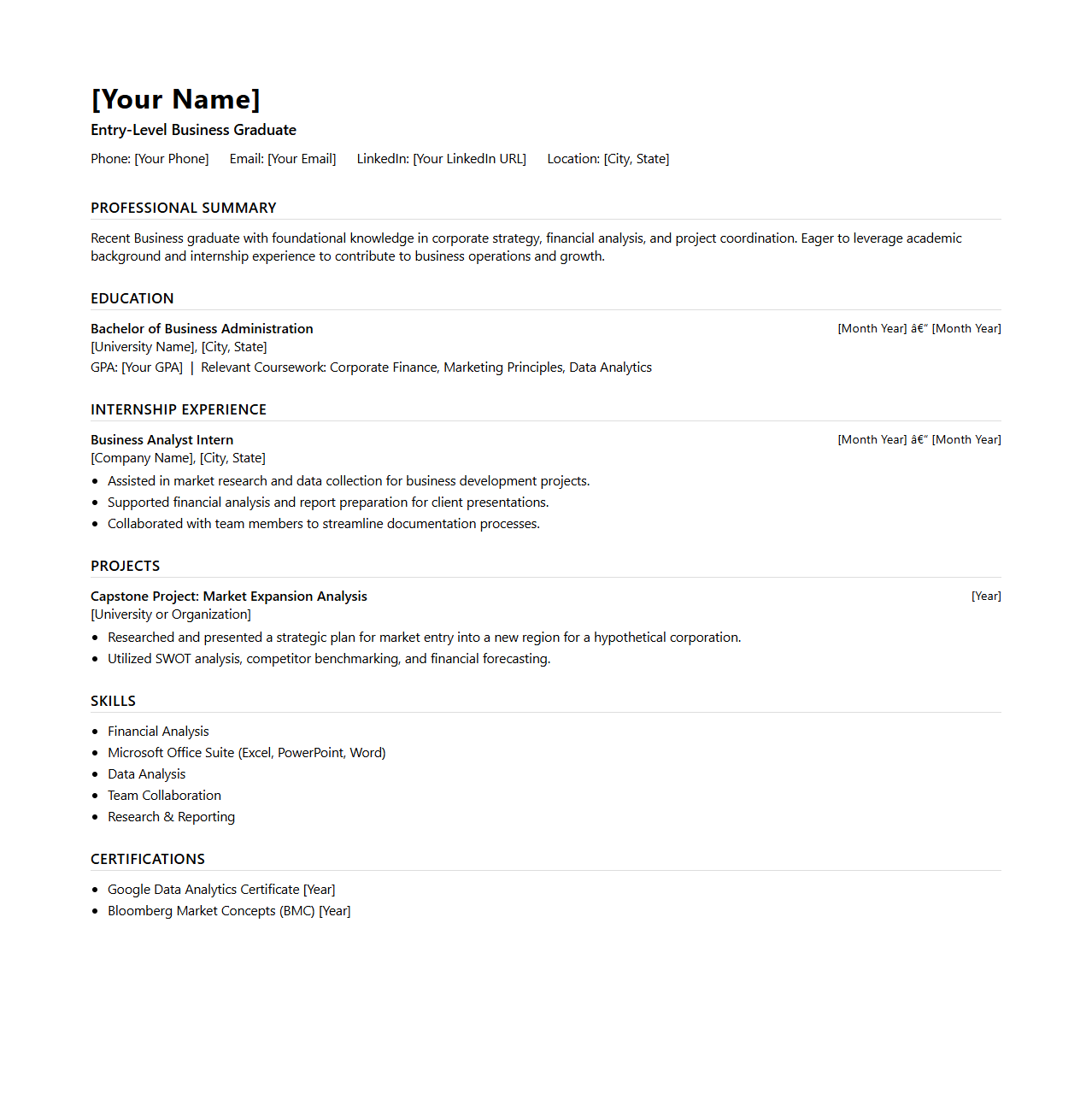 Entry-Level Corporate Resume Template for Business Graduates