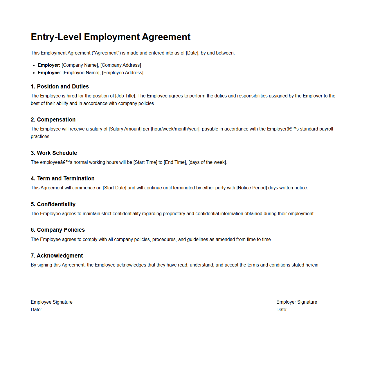 Entry-Level Employment Agreement Layout