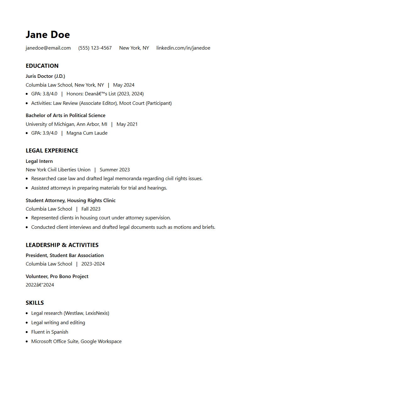 Entry-Level Legal Resume Template for Recent Law Graduates