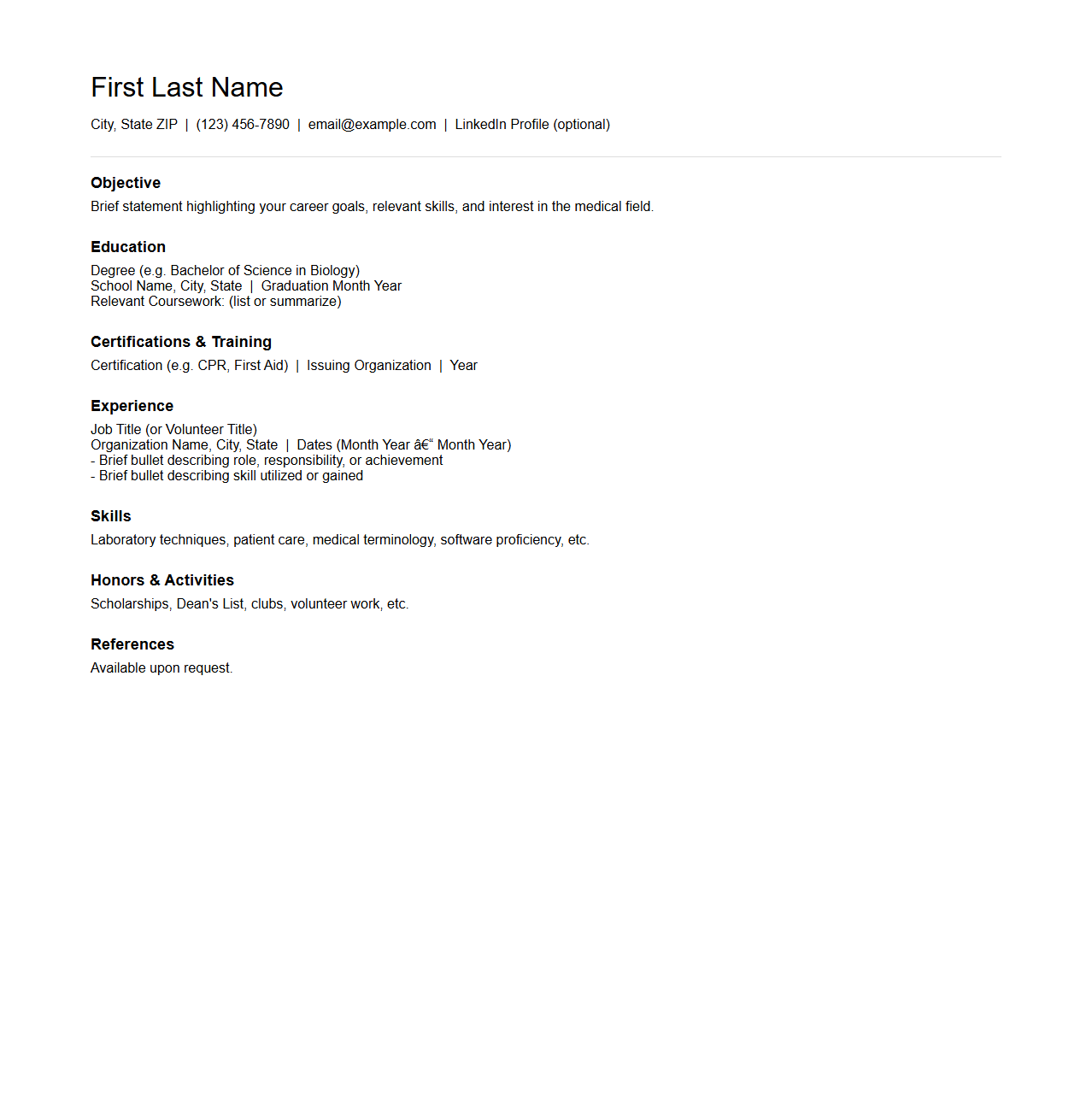 Entry-Level Medical Resume Outline