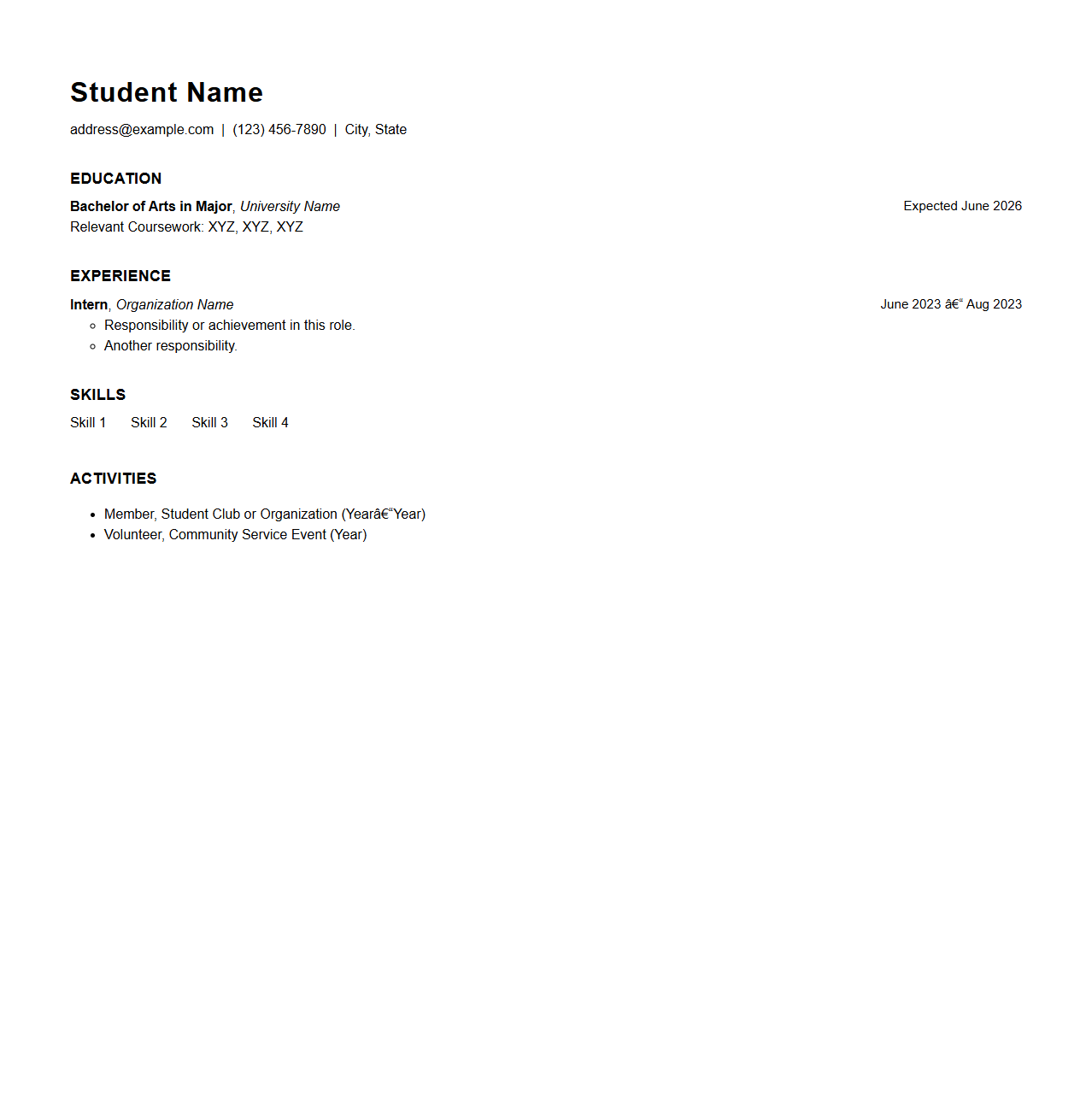 Entry-Level Student Resume Layout