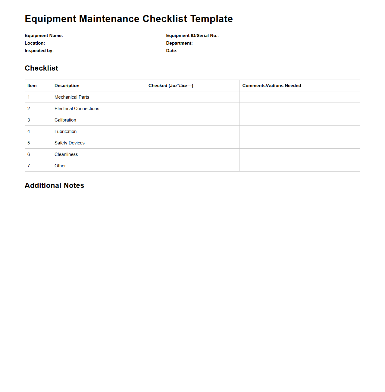 Equipment Maintenance Checklist Template