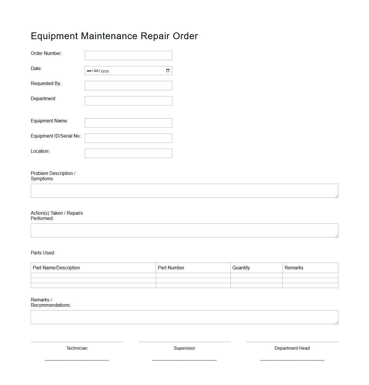 Equipment Maintenance Repair Order Template