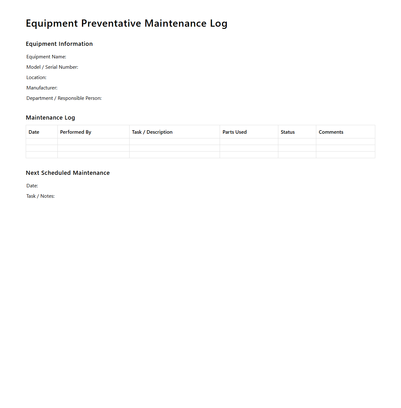 Equipment Preventative Maintenance Log Template