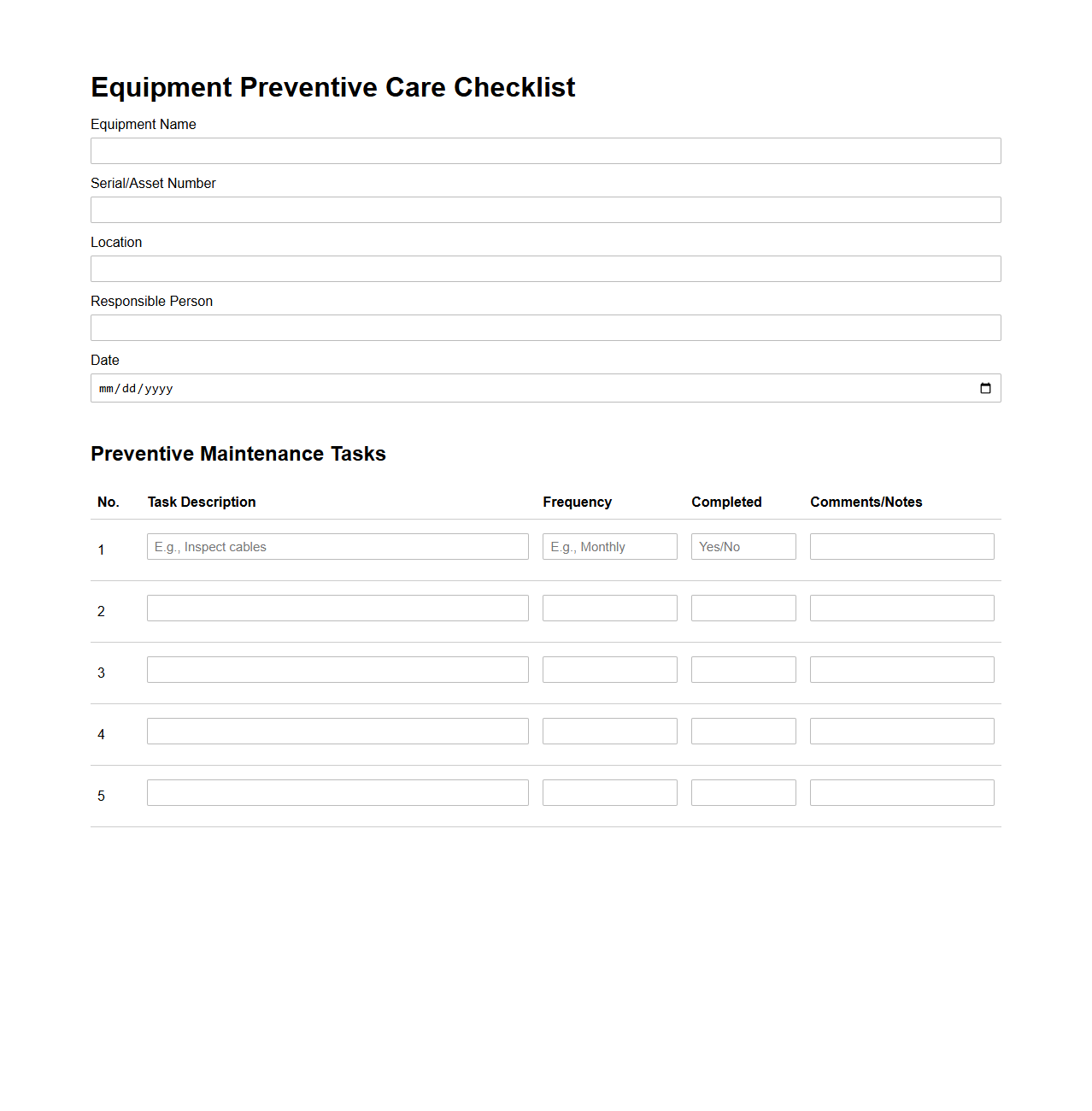 Equipment Preventive Care Checklist Template