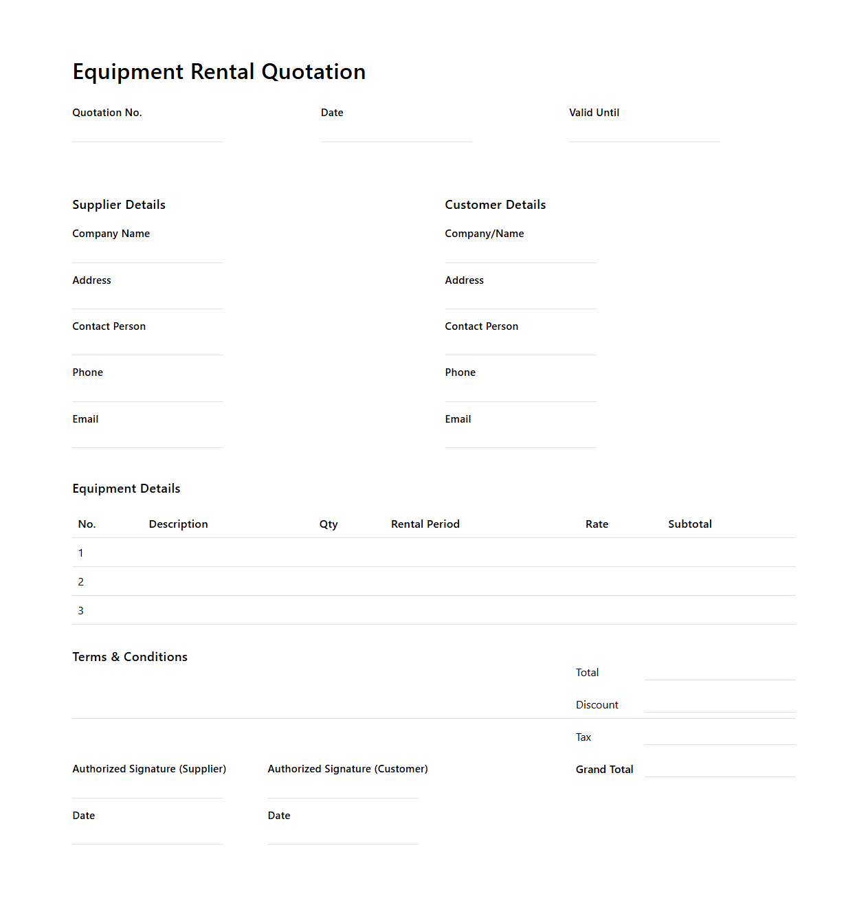 Equipment Rental Quotation Template