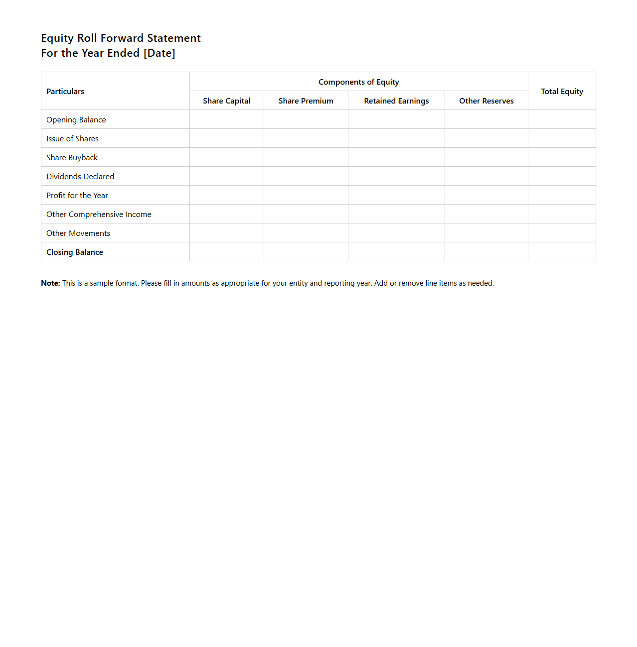 Equity Roll Forward Statement Format